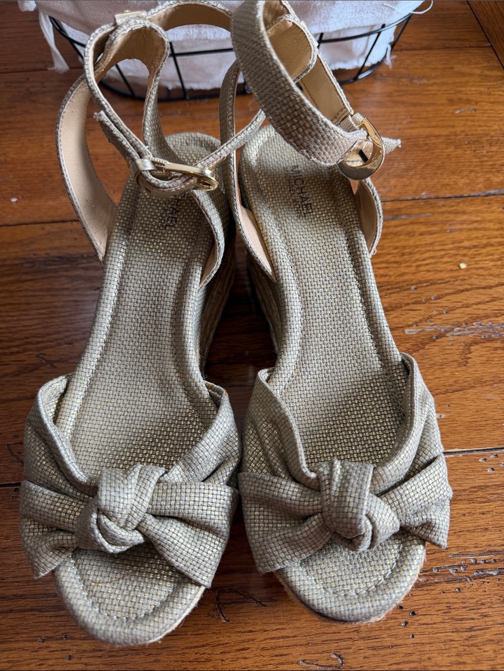 Michael Kors Metallic Gold Knotted Wedge Sandals. Some pilling to inner strap.